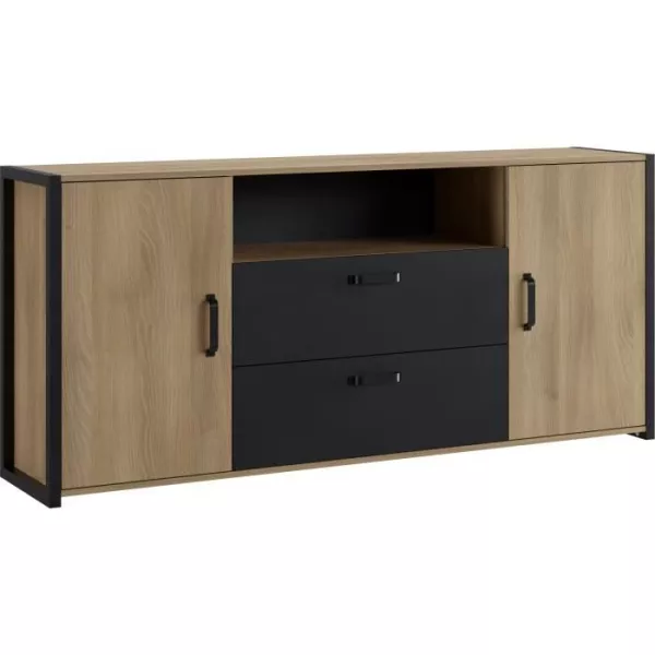 Chene and black Melamine buffet - industrial style - L 180x40 x 84 cm