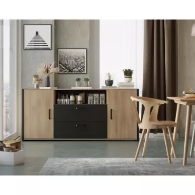 Chene and black Melamine buffet - industrial style - L 180x40 x 84 cm