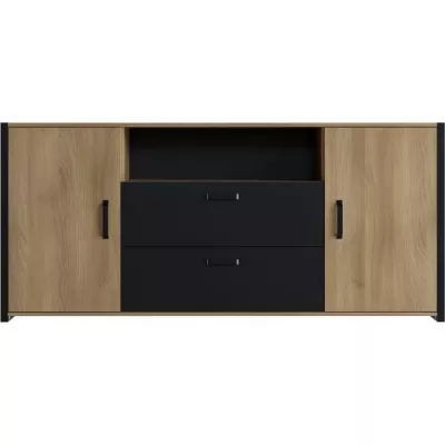 Buffet Mélaminé chene et noir - style industriel - L 180x40 x 84 cm