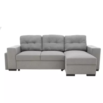 Canapé d'angle convertible réversible 3 places JAMES - L 245 x H 91 x P 139 cm - Coffre et 2 poufs Gris