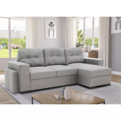 Canapé d'angle convertible réversible 3 places JAMES - L 245 x H 91 x P 139 cm - Coffre et 2 poufs Gris