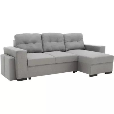 Canapé d'angle convertible réversible 3 places JAMES - L 245 x H 91 x P 139 cm - Coffre et 2 poufs Gris