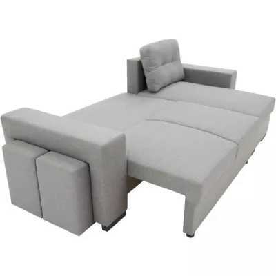 Canapé d'angle convertible réversible 3 places JAMES - L 245 x H 91 x P 139 cm - Coffre et 2 poufs Gris