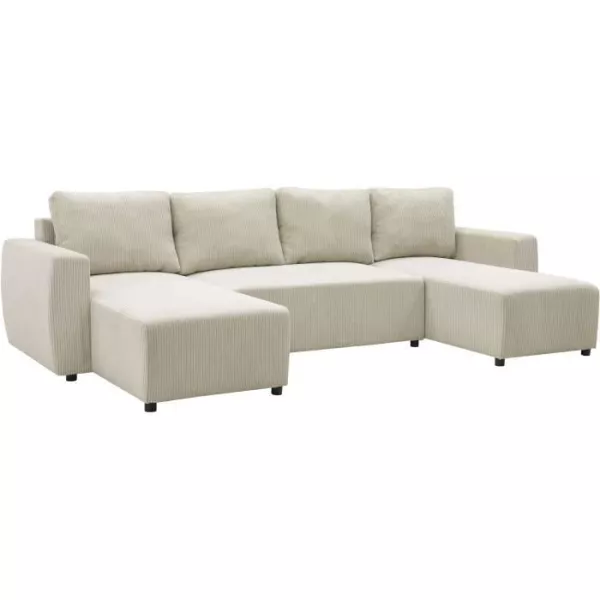 Canapé d'angle convertible panoramique PHARELL 7 places - Velours côtelé beige - Coffre de rangement - L297 x P155 x H85