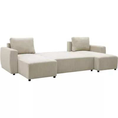 Canapé d'angle convertible panoramique PHARELL 7 places - Velours côtelé beige - Coffre de rangement - L297 x P155 x H85