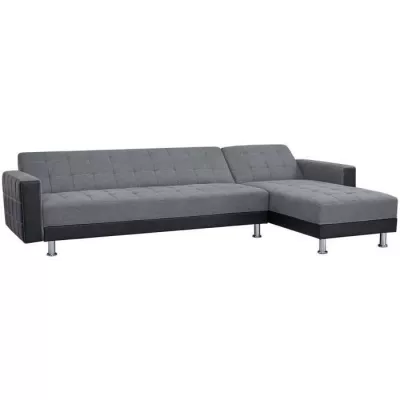 Canapé d'angle 3 places réversible - Tissu gris et simili noir - Pieds en acier - L 277 x P 157 x H 80 cm - IVANA