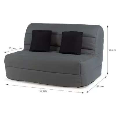 Banquette BZ Dunlopillo - Tissu Gris - 140 x 190 cm - Matelas 12cm - 2 coussins noir