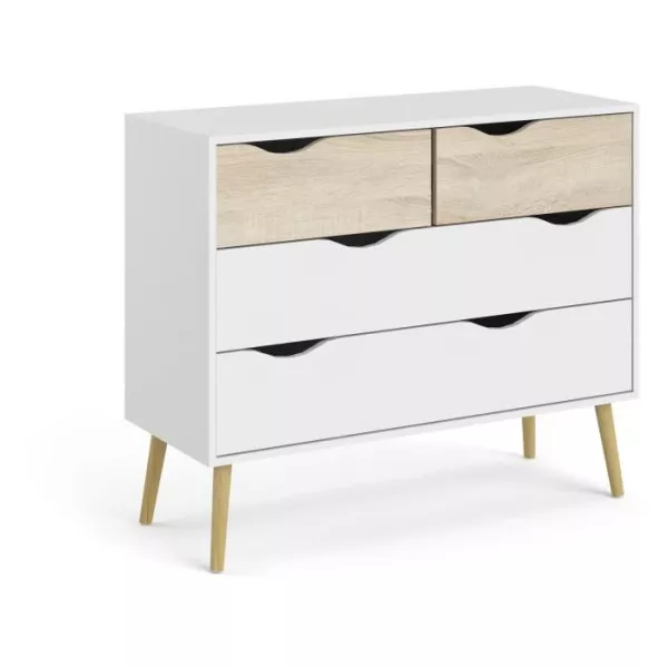 Commode 4 tiroirs - Blanc / Chene - Pietement évasé en bois massif - 98,7 x 39,1 x 81,7 cm - TVILUM