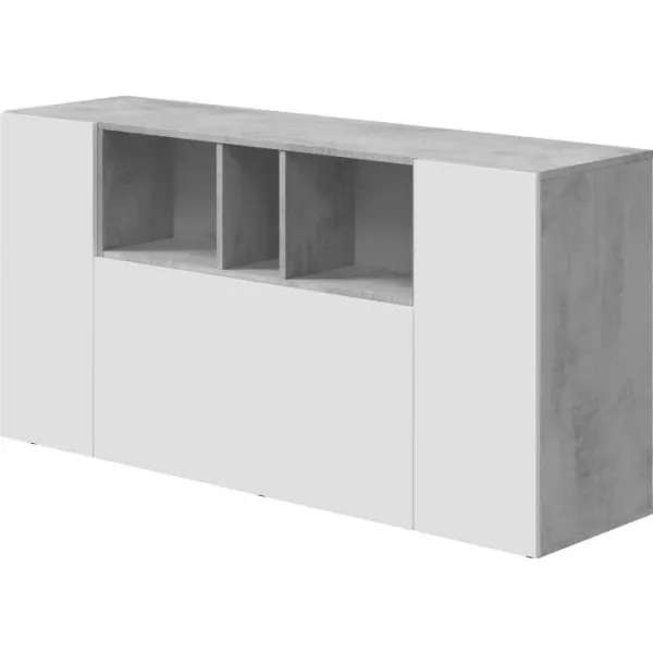 Buffet LOIRA - Mélaminé - Blanc artik et ciment - 3 portes + 3 niches de rangement - L 150 x P 41 x H 76 cm