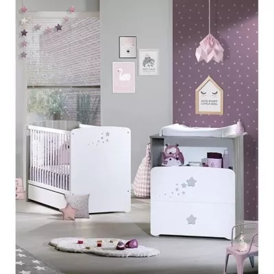 Chambre bébé duo Nao: lit 120x60, commode à langer - Blanc