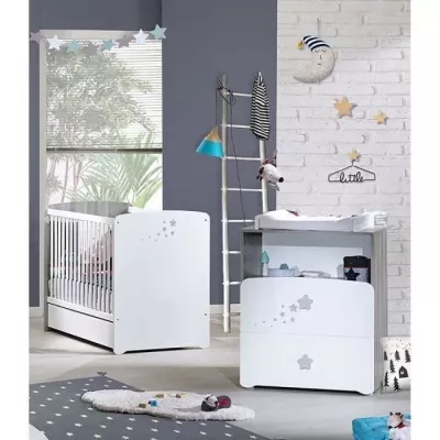 Chambre bébé duo Nao: lit 120x60, commode à langer - Blanc