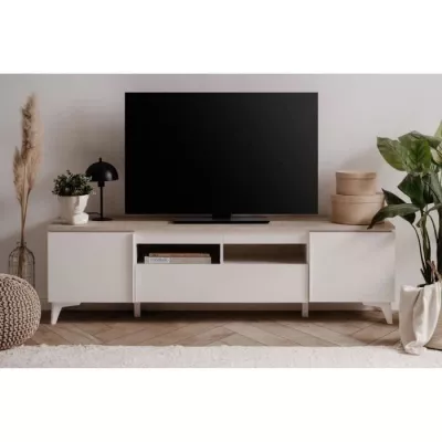 Meuble TV Bertrix 56A - Élégance en travertin et blanc - 177 x 51,5 x 40 cm