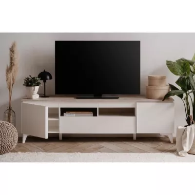 Meuble TV Bertrix 56A - Élégance en travertin et blanc - 177 x 51,5 x 40 cm