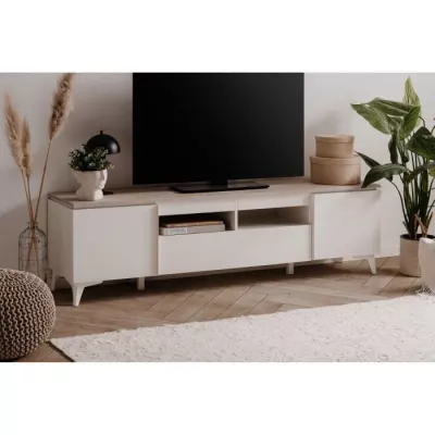 Meuble TV Bertrix 56A - Élégance en travertin et blanc - 177 x 51,5 x 40 cm