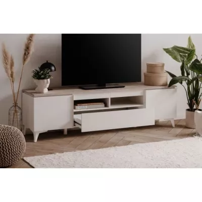 Meuble TV Bertrix 56A - Élégance en travertin et blanc - 177 x 51,5 x 40 cm