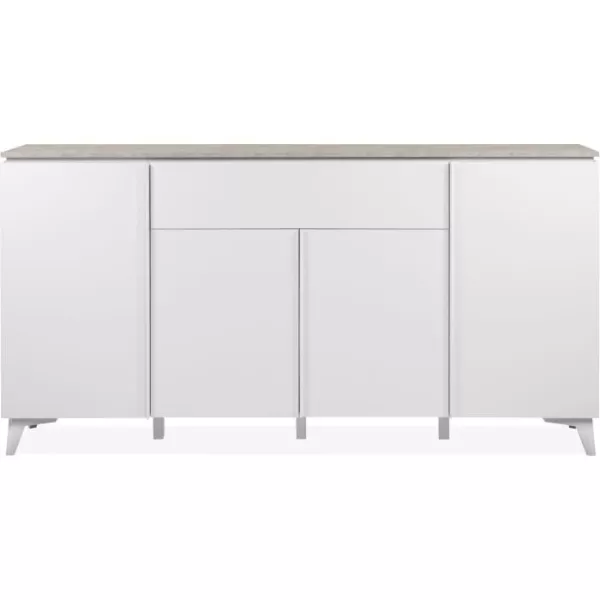 Buffet Bertrix 51A - Décor travertin / blanc - Panneaux de particules - 4 portes et étageres - 1 tiroir central - 177 x 92 x 4