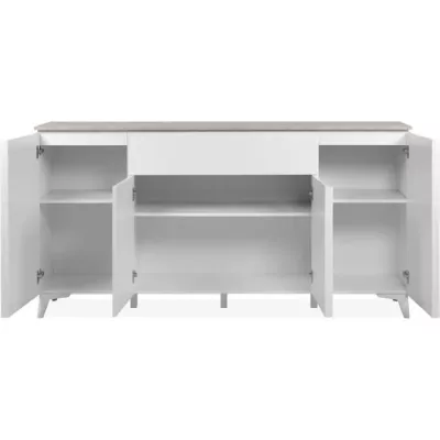 Buffet Bertrix 51A: Décor travertin / blanc - 4 portes et tiroir - 177 x 92 x 4