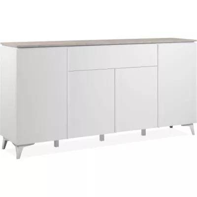 Buffet Bertrix 51A: Décor travertin / blanc - 4 portes et tiroir - 177 x 92 x 4