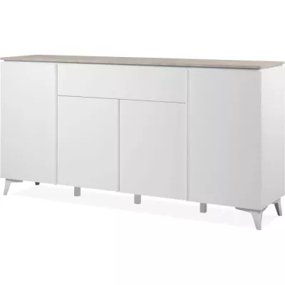 Buffet Bertrix 51A: Décor travertin / blanc - 4 portes et tiroir - 177 x 92 x 4