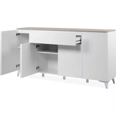 Buffet Bertrix 51A: Décor travertin / blanc - 4 portes et tiroir - 177 x 92 x 4