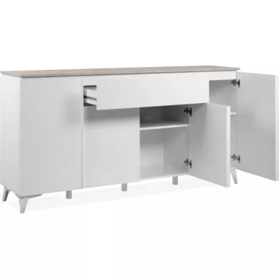 Buffet Bertrix 51A: Décor travertin / blanc - 4 portes et tiroir - 177 x 92 x 4