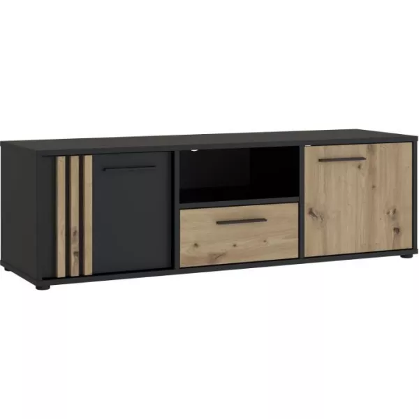 Meuble TV CARDIGAN 2 portes, 1 tiroir, 1 niche - Décor chene artisan et noir - L142,6 x P41,5 x H43,9 cm - Poignées en métal