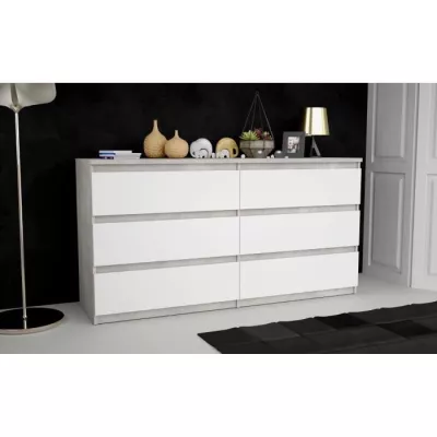 Commode CHELSEA 6 Tiroirs Blanc/Béton Clair - Style Moderne - Certifié FSC® 100%