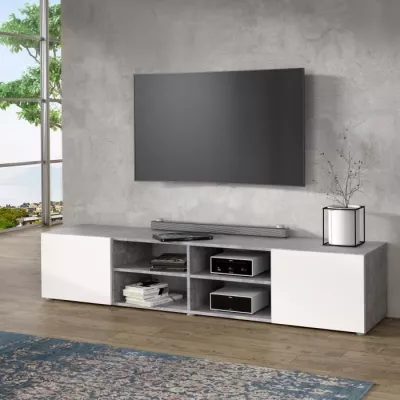 Meuble TV PILVI Blanc et béton clair - Plus responsable - FSC®