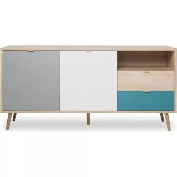 Buffet bas - Chene, gris et bleu pétrole - Scandinave - CUBA - L 150 x P 40 x H 71 cm