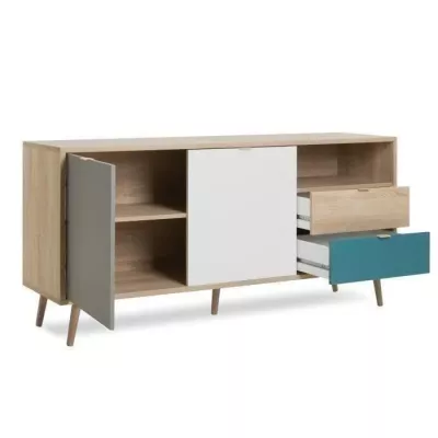 Buffet scandinave Cuba - Chêne, gris et bleu pétrole