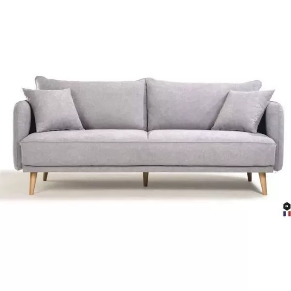 Canapé Fixe 3 places DAREN -Tissu Gris clair - Style scandinave -2 Coussins Déco - L 207 x P 90 x H 88 cm