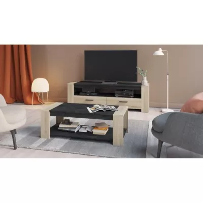 Ensemble salon SHEFFIELD: Table basse double plateau + Meuble TV 2 tiroirs