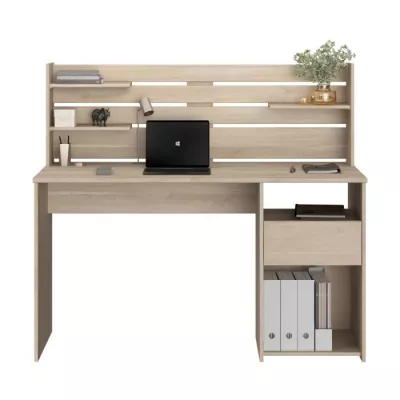 Bureau avec réhausse ESCALE - Décor chene - L 138 x P 60 x H 120 cm