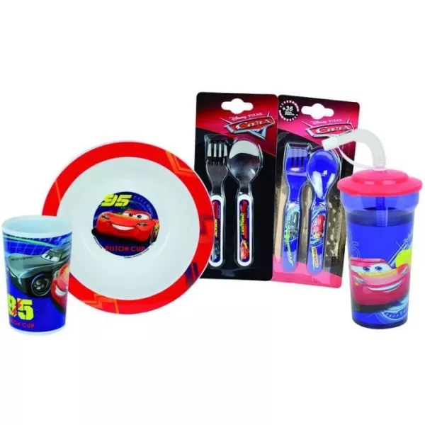 Disney Cars Baby Set - FUN HOUSE - 006378 - Glass, Creuse plate, Glass with Straw and 2 Cutlery sets