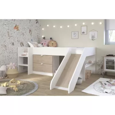 PARISOT SLIDE - Lit toboggan enfant - Décor Blanc et Chene Jackson -