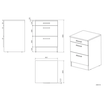 OSLO Meuble Bas 3 tiroirs + plan - Décor blanc - L 60 x P 60 x H 86 c