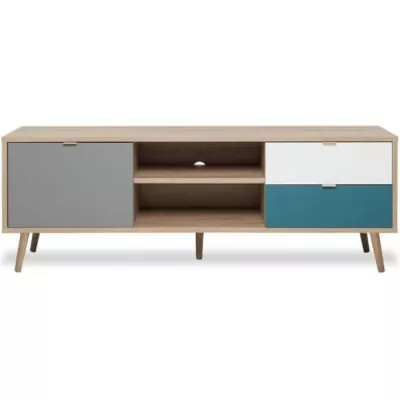 Meuble TV scandinave CUBA - Décor chene, gris, blanc et bleu pétrole