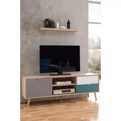 Meuble TV scandinave CUBA - Décor chene, gris, blanc et bleu pétrole