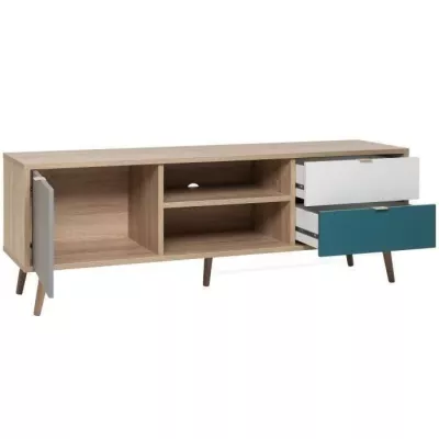 Meuble TV scandinave CUBA - Décor chene, gris, blanc et bleu pétrole