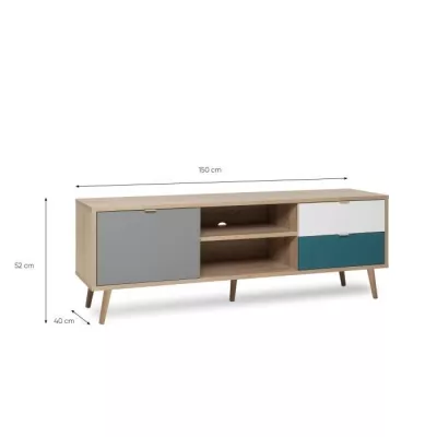 Meuble TV scandinave CUBA - Décor chene, gris, blanc et bleu pétrole