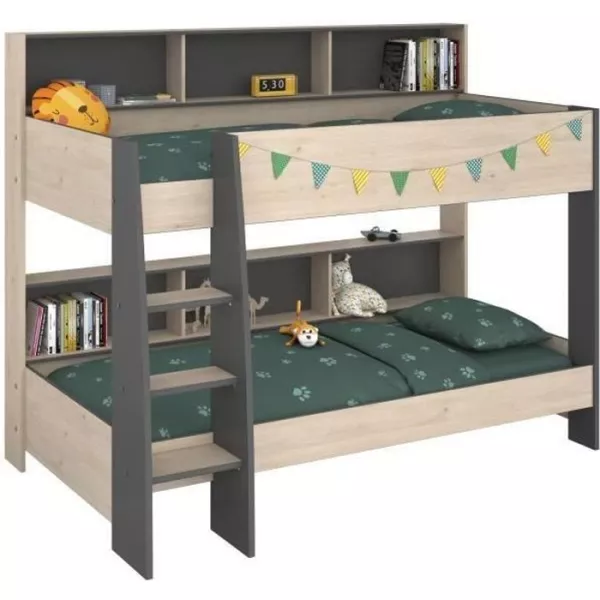 PARISOT Lits superposés enfant - Décor Chene Jackson et Gris Ombre - Sommiers inclus - 2 x 90 x 200 cm - JIM