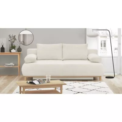 Banquette convertible 3 places MIKA - Tissu Bouclette beige - Coffre d