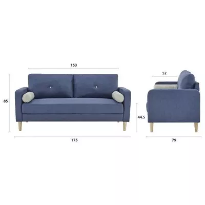 3 seater sofa + 2 cushions - Blue fabric - W 175 x D 80 x H 85 cm -