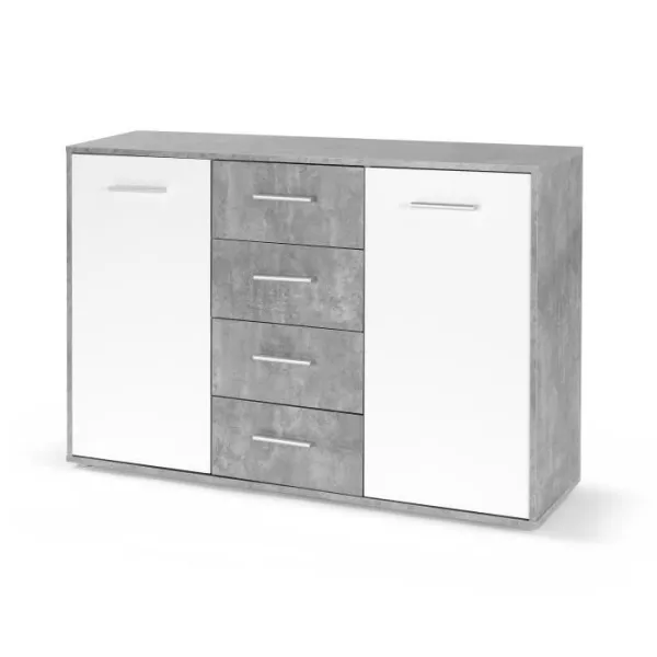 Buffet bas PILVI - 2 portes et 4 tiroirs - Blanc et béton clair - L 122,6 x P 34,2 x H 81,1 cm