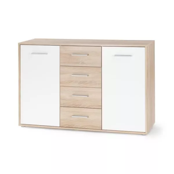 Buffet bas PILVI - 2 portes et 4 tiroirs - Blanc et chene sonoma - L 122,6 x P 34,2 x H 81,1 cm