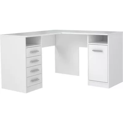 TOLEDE Bureau d'angle 1 porte 4 tiroirs - Décor papier blanc - L 125