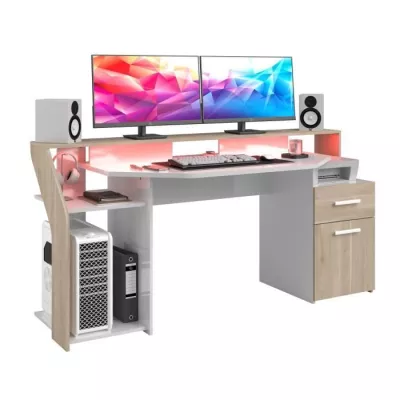 Bureau Silver avec LED - Décor chene et mélamine blanc brillant - L