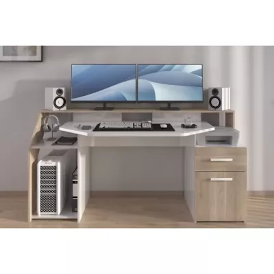 Bureau Silver avec LED - Décor chene et mélamine blanc brillant - L