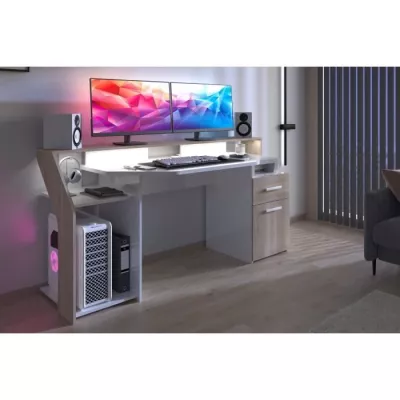 Bureau Silver avec LED - Décor chene et mélamine blanc brillant - L