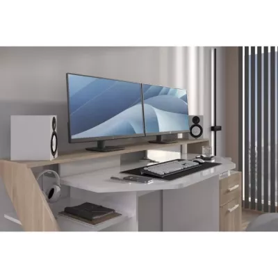 Bureau Silver avec LED - Décor chene et mélamine blanc brillant - L